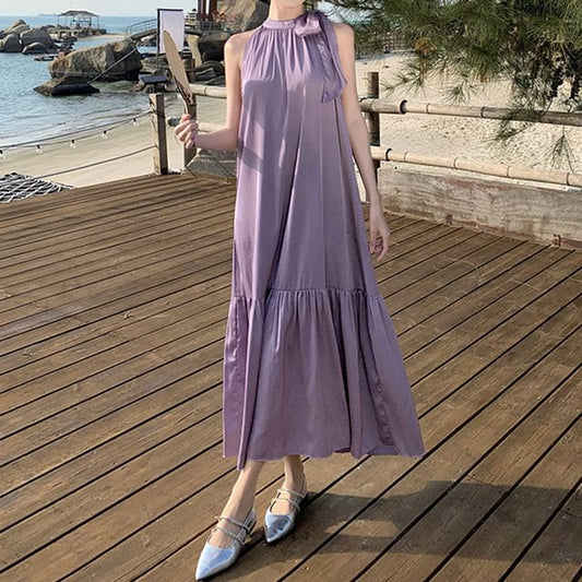 Maxi Sleeveless Plain Crewneck Dress A-Line