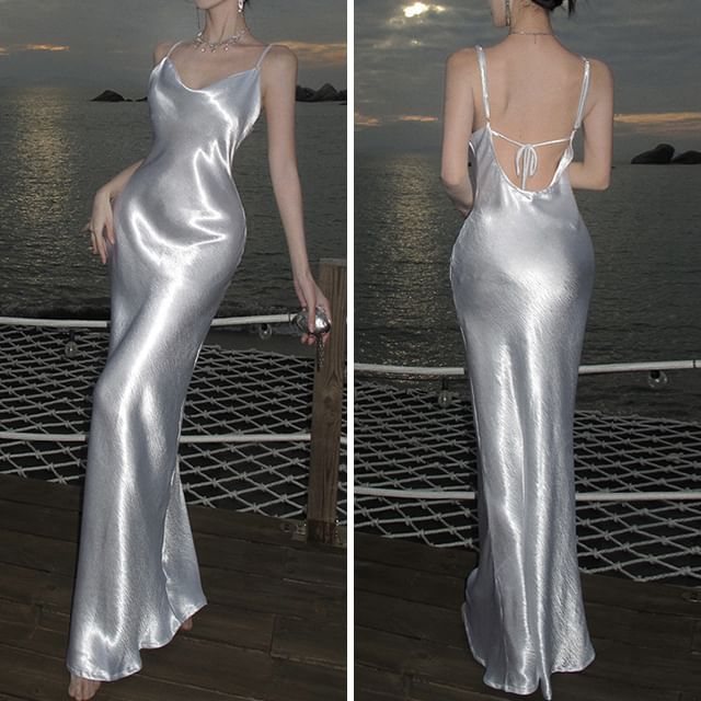 Plain Strap Open Dress Maxi Spaghetti Sheath Back