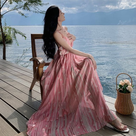 Spaghetti Dress A-Line Floral Print Maxi V-Neck Strap