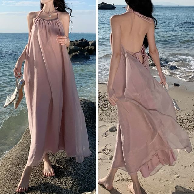 Halter Open Back Plain A-Line Neck Midi Dress