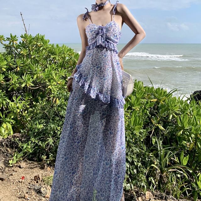 Print Strap Floral Spaghetti Dress A-Line Midi