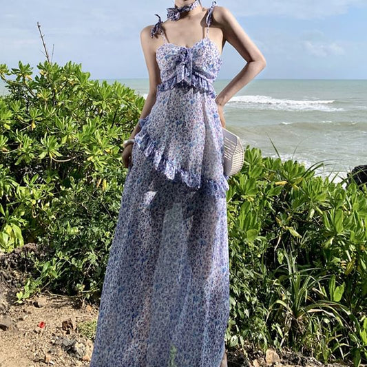 Print Strap Floral Spaghetti Dress A-Line Midi