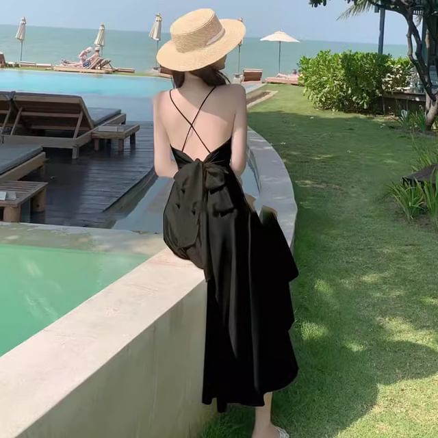 Plain Maxi V-Neck Strap Spaghetti Dress A-Line