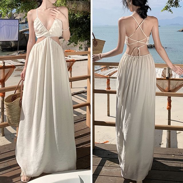A-Line Maxi V-Neck Plain Cutout Strap Dress Spaghetti