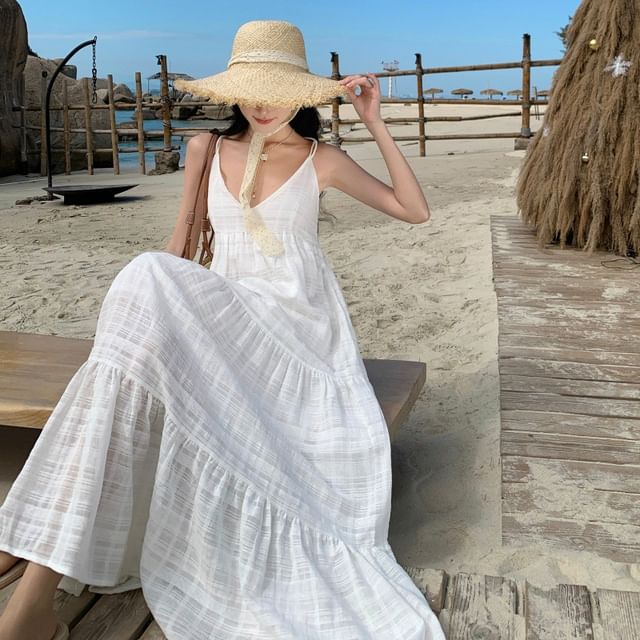 V-Neck Dress Maxi A-Line Plain Sleeveless