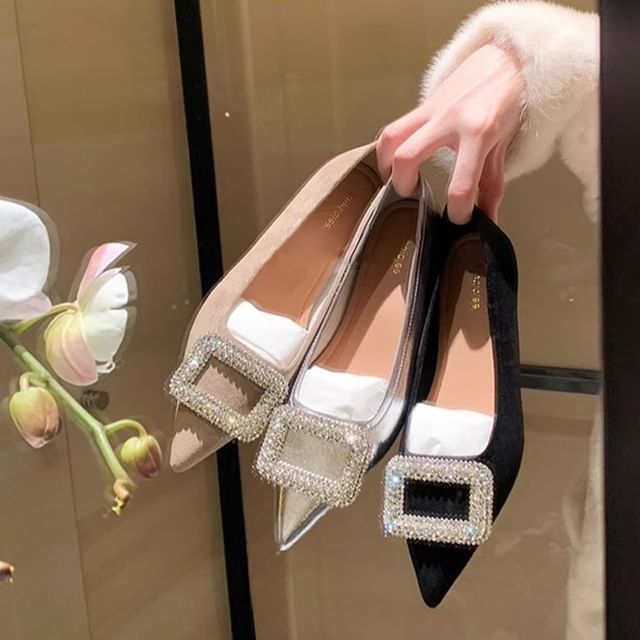 Pointy Rhinestone Flats Buckled