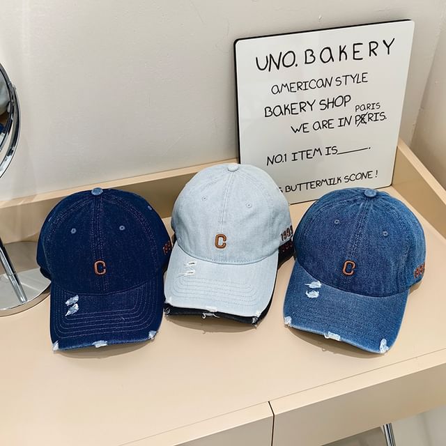 Embroidered Denim Baseball Cap Lettering Distressed