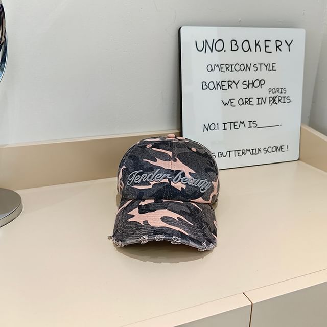 Lettering Distressed Baseball Cap Embroidered