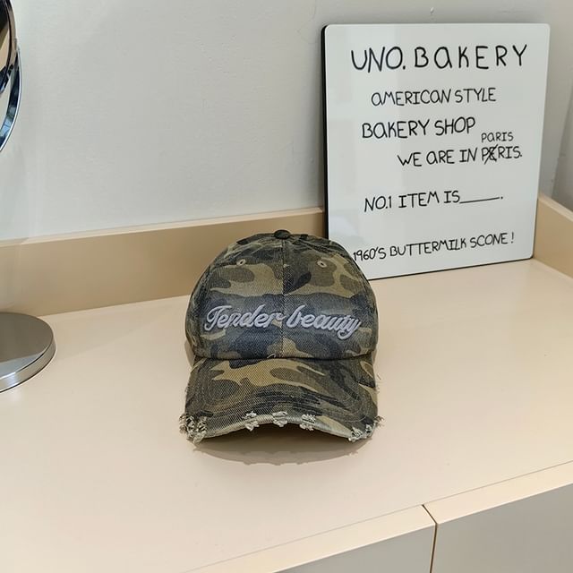 Lettering Distressed Baseball Cap Embroidered