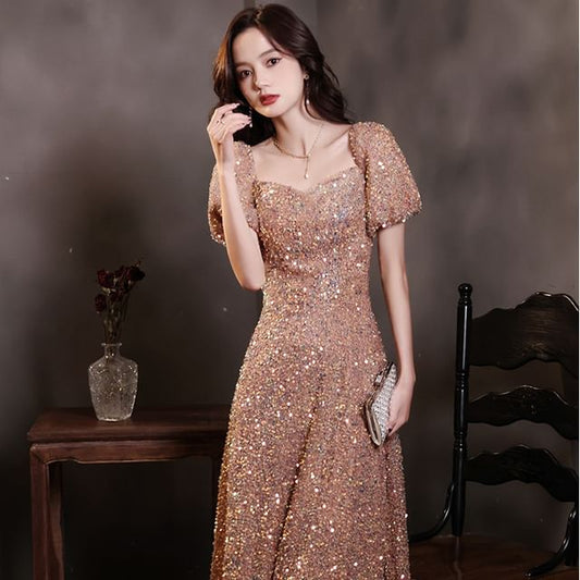 Puff-Sleeve Sequin Evening A-Line Gown