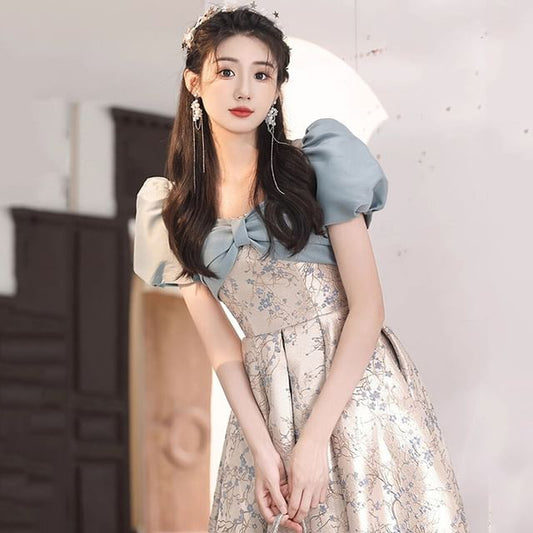 Floral A-Line Puff-Sleeve Gown Evening