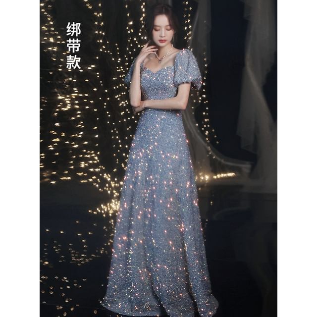 Puff-Sleeve Sequin Evening A-Line Gown