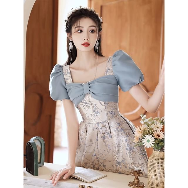 Floral A-Line Puff-Sleeve Gown Evening