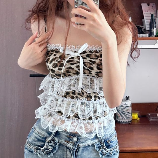 Print Bow Leopard Accent Camisole Top Trim Crop Lace