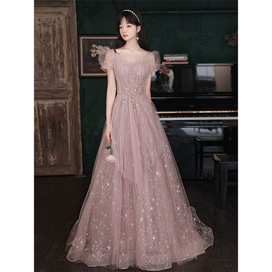 V-Neck Gown A-Line Mesh Short-Sleeve Evening