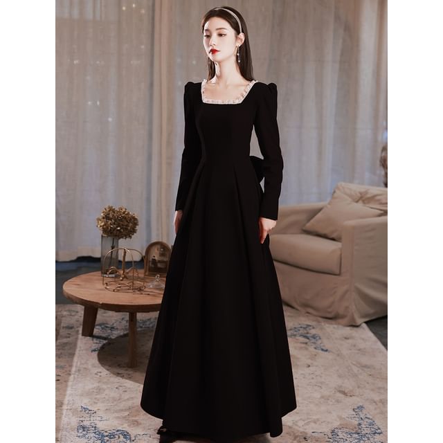 (Various / Neck Square Plain Designs) Long-Sleeve Evening Gown Dress A-Line