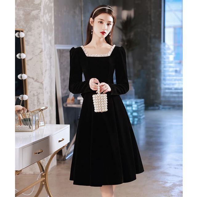 (Various / Neck Square Plain Designs) Long-Sleeve Evening Gown Dress A-Line