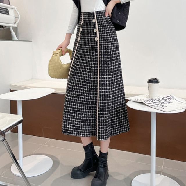 Knit Waist Skirt A-Line Midi High Plaid