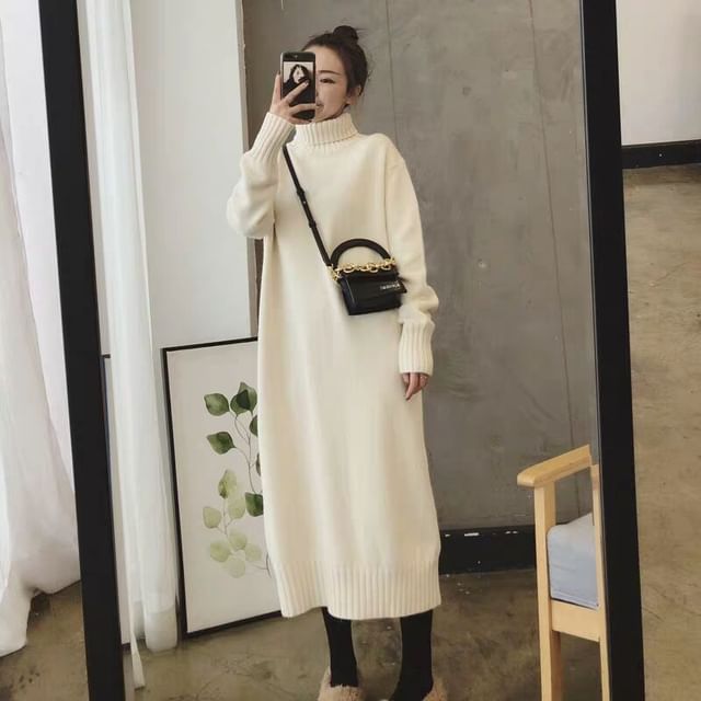 Turtleneck Dress Midi Plain Sweater Long-Sleeve