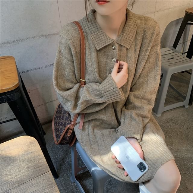 Dress Mini Plain Long-Sleeve Polo-Neck Sweater