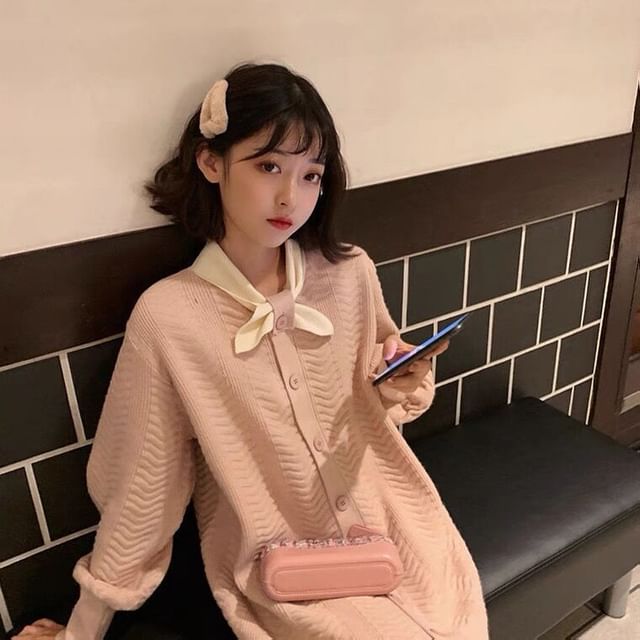 Button-Up Dress Plain Tie-Neck Knit Midi Puff-Sleeve