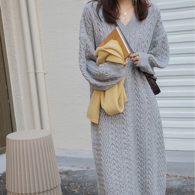 V-Neck Long-Sleeve Plain Midi Dress Sweater