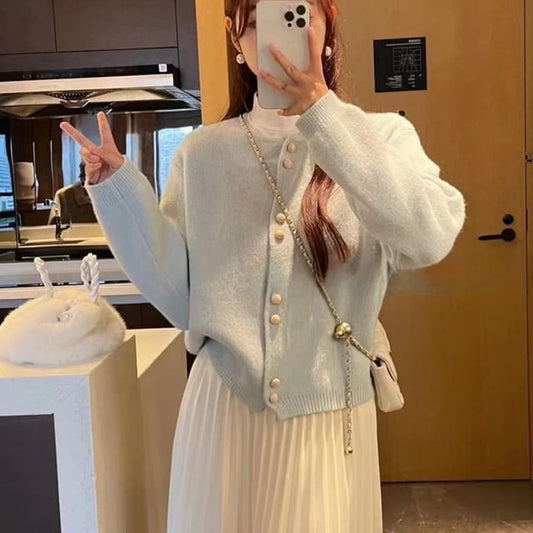 Cardigan Buttoned Faux Pearl Plain