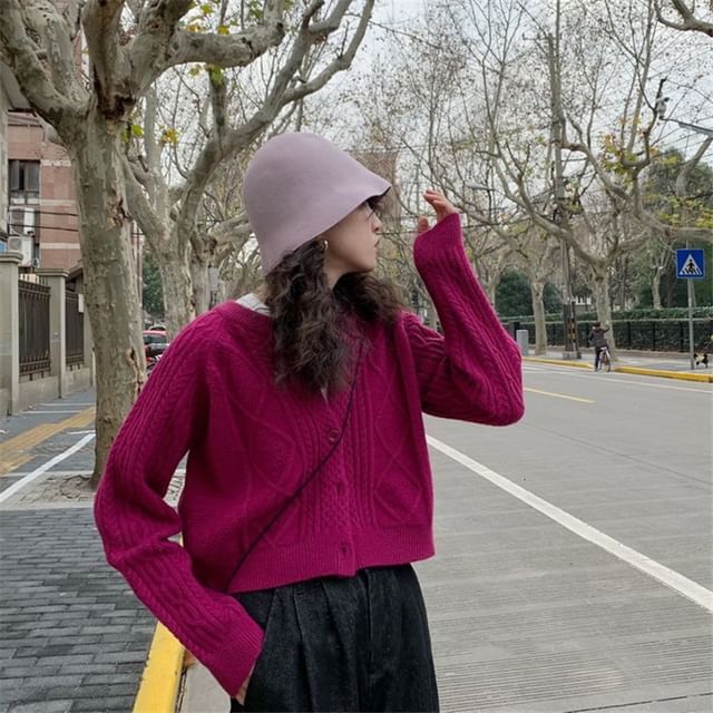 Cable Knit Button-Up Cardigan Plain