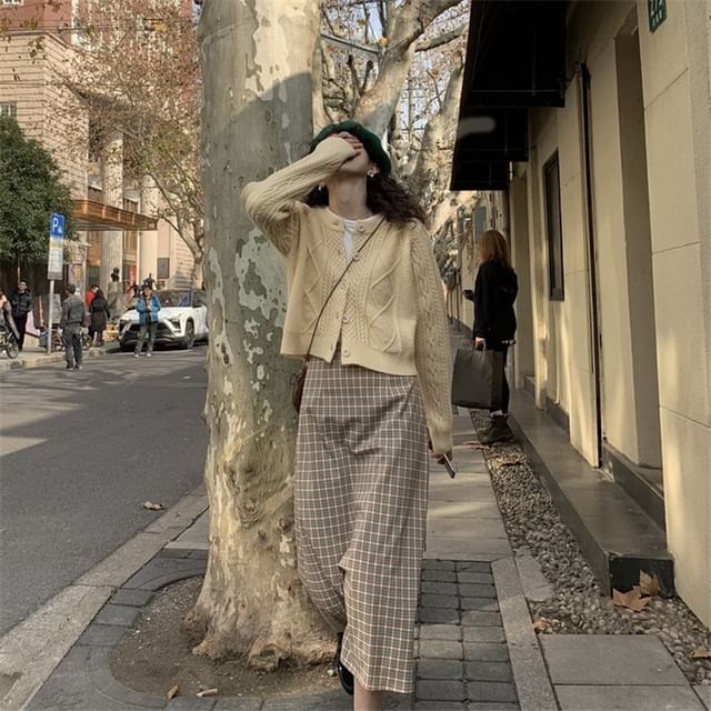 Cable Knit Button-Up Cardigan Plain