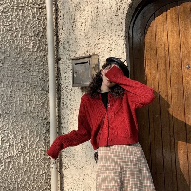 Cable Knit Button-Up Cardigan Plain