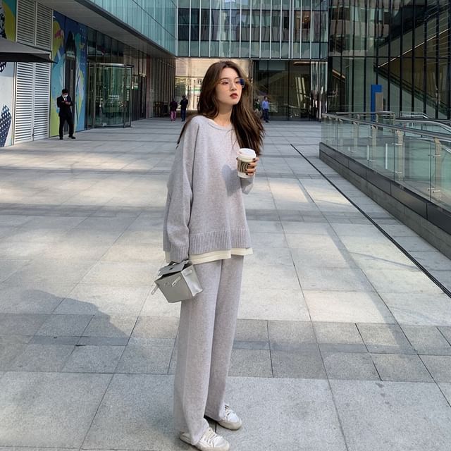 T-Shirt + Set: Long-Sleeve Two-Tone High Waist Pants Crew Neck Leg Wide