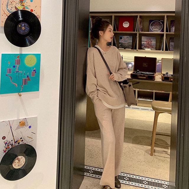 T-Shirt + Set: Long-Sleeve Two-Tone High Waist Pants Crew Neck Leg Wide