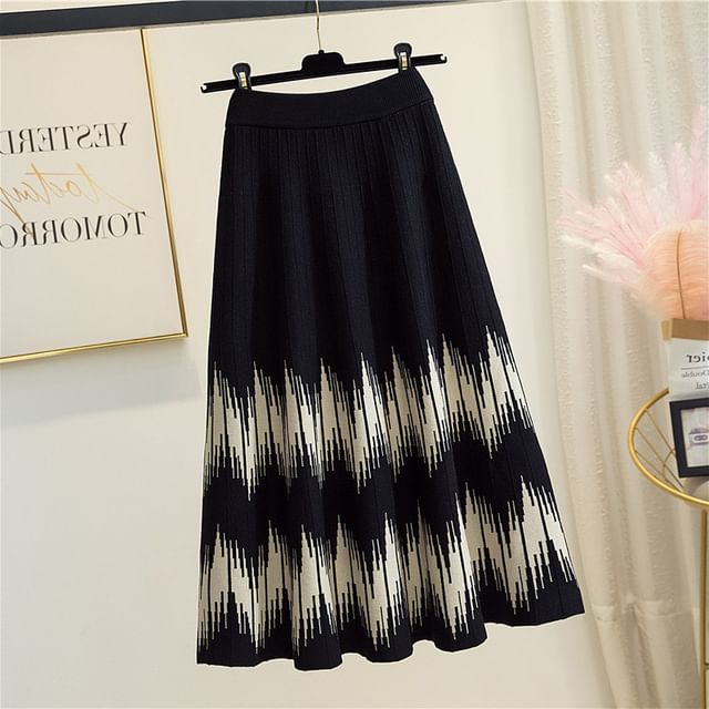 Midi Printed High A-Line Waist Skirt Knit