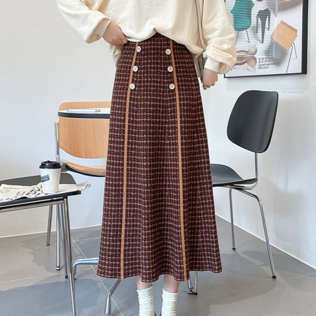 Knit Waist Skirt A-Line Midi High Plaid