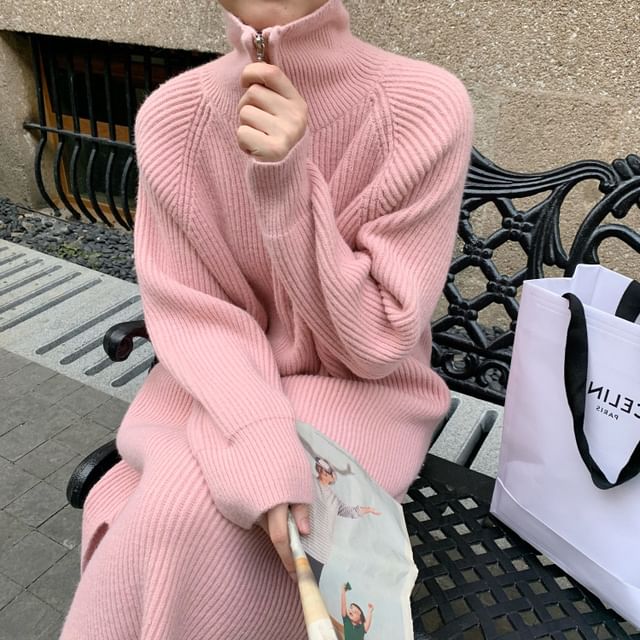 Sweater Dress Half-Zip Plain Midi Ribbed Long-Sleeve
