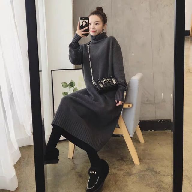 Turtleneck Dress Midi Plain Sweater Long-Sleeve