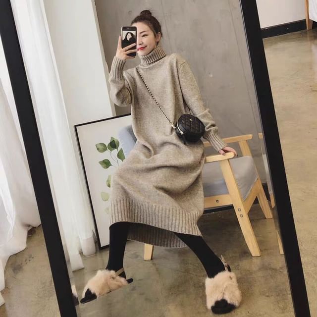 Turtleneck Dress Midi Plain Sweater Long-Sleeve