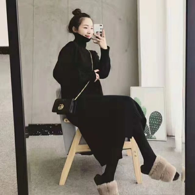 Turtleneck Dress Midi Plain Sweater Long-Sleeve
