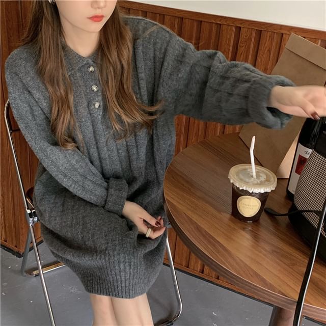 Dress Mini Plain Long-Sleeve Polo-Neck Sweater
