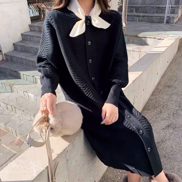Button-Up Dress Plain Tie-Neck Knit Midi Puff-Sleeve