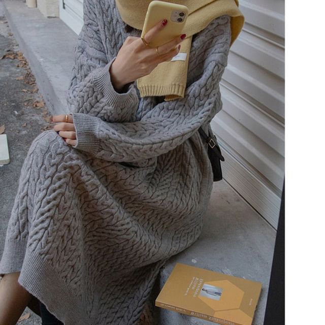 V-Neck Long-Sleeve Plain Midi Dress Sweater