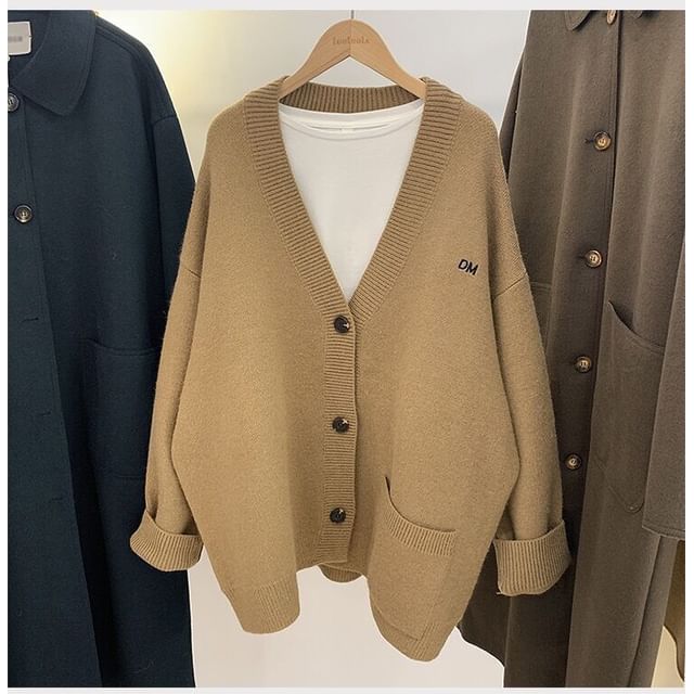 Button-Up Embroidered Cardigan Letter V-Neck