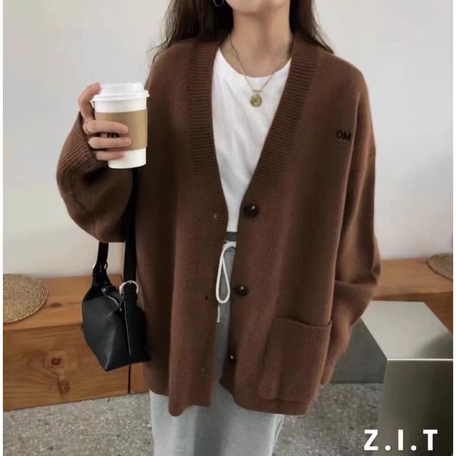 Button-Up Embroidered Cardigan Letter V-Neck