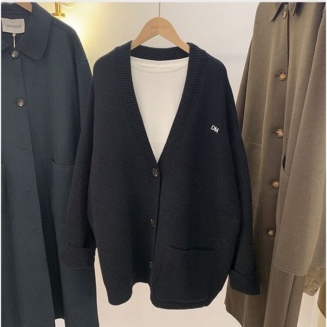 Button-Up Embroidered Cardigan Letter V-Neck