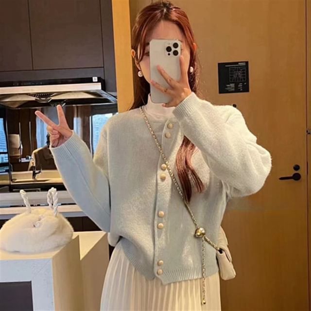 Cardigan Buttoned Faux Pearl Plain