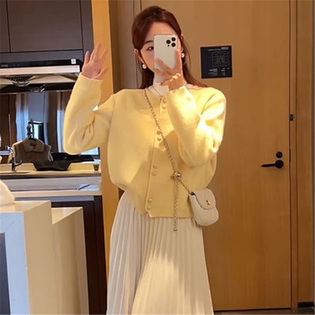 Cardigan Buttoned Faux Pearl Plain