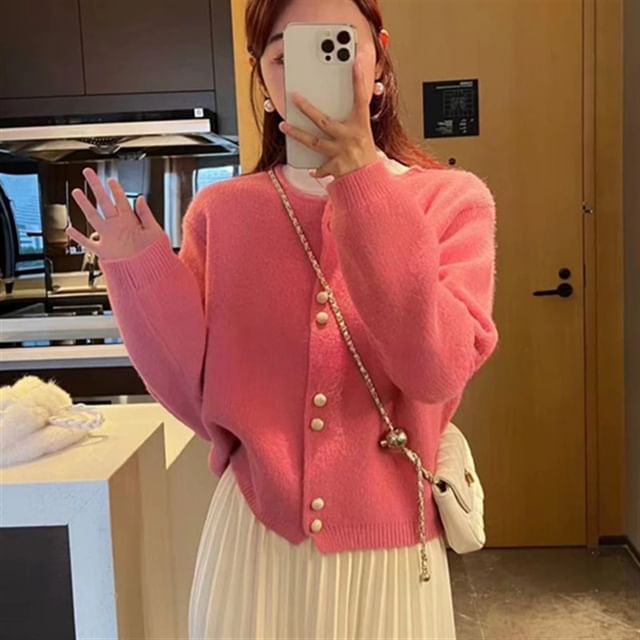 Cardigan Buttoned Faux Pearl Plain