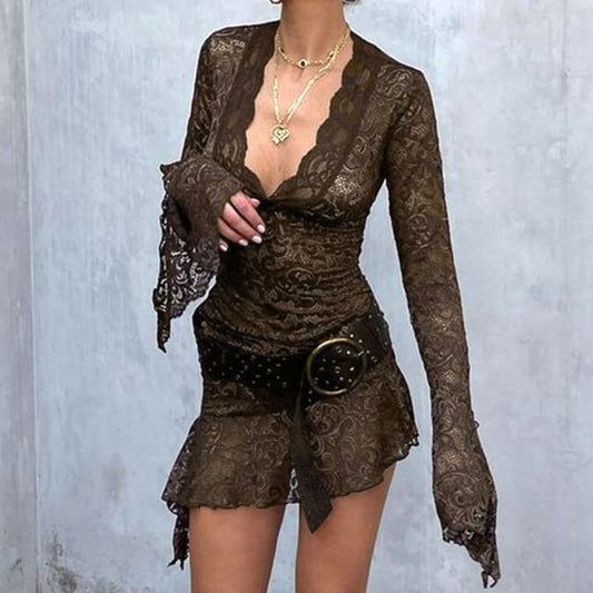Dress V-Neck Mini Bodycon Lace Long-Sleeve