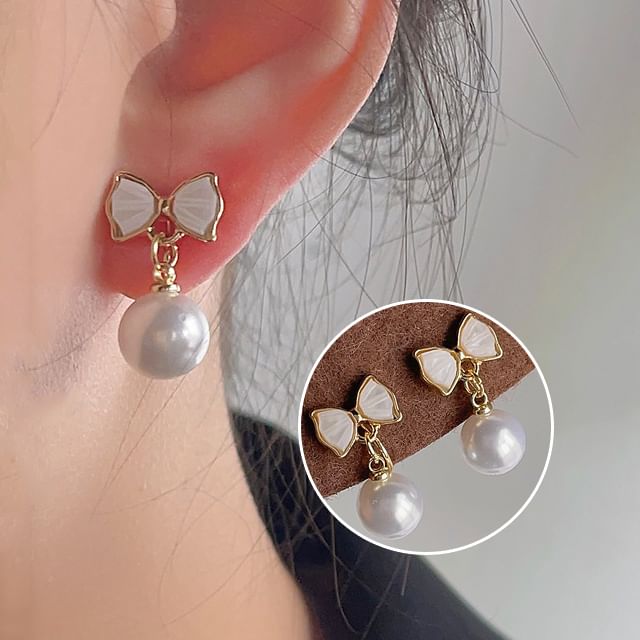 Earring Cuff Faux Pearl Bow Drop