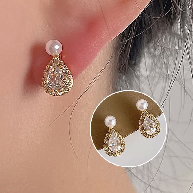 Pearl Alloy Rhinestone Faux Cuff Droplet Ear